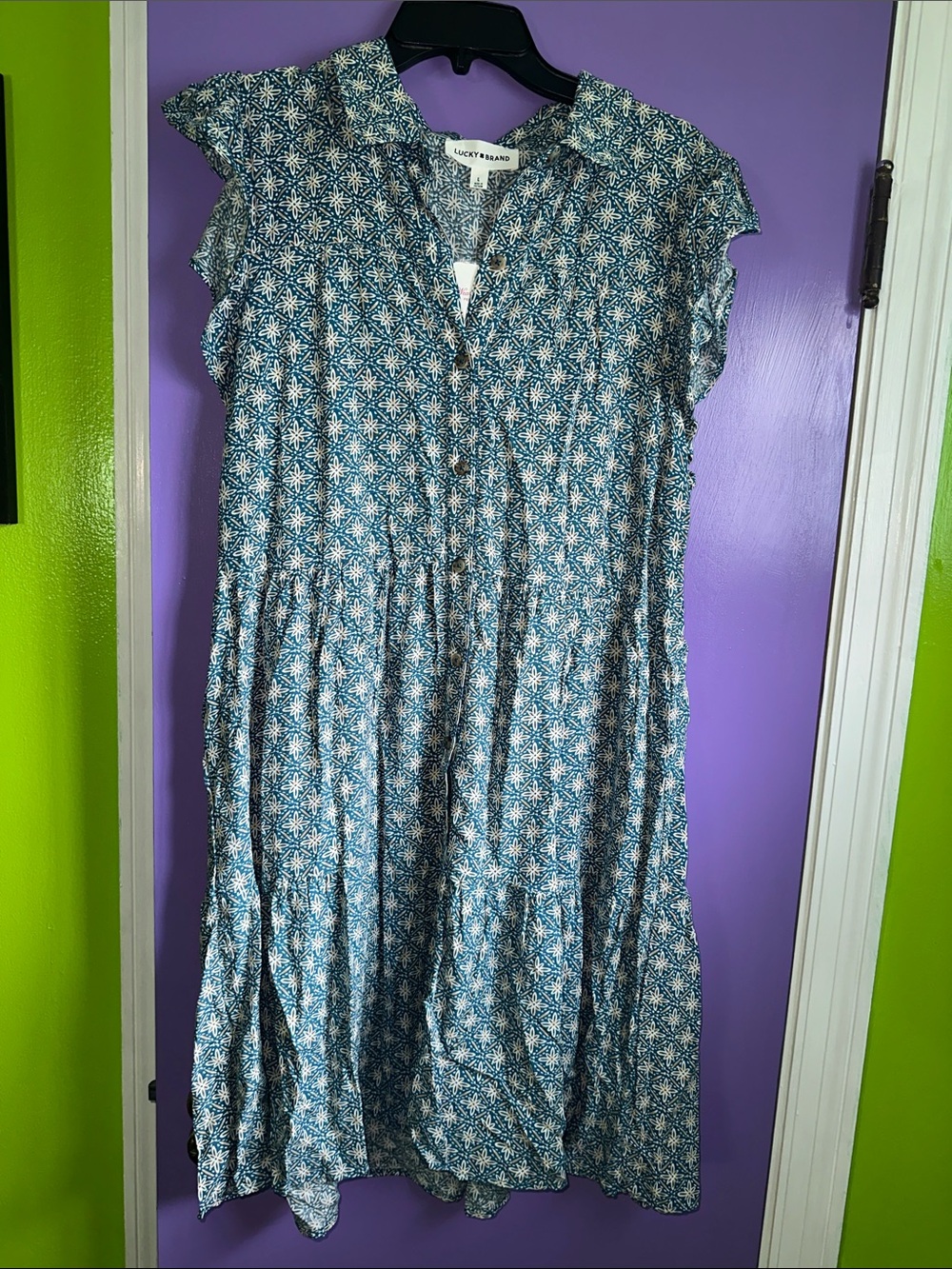 Lucky Brand Blue and White Midi Dress with Small Floral Print